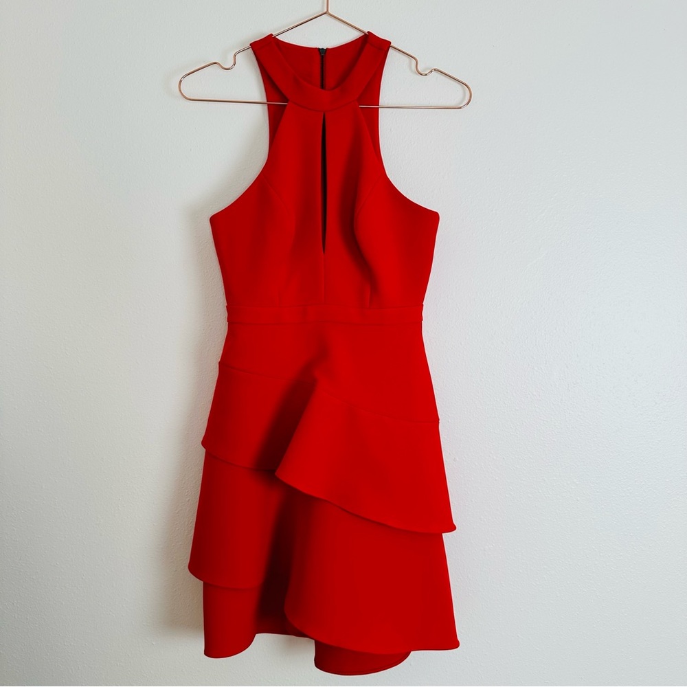 BCBG Max Azria Red Tiered Ruffle Cut-Out Keyhole Sleeveless Mini Halter Dress - Picture 6 of 10